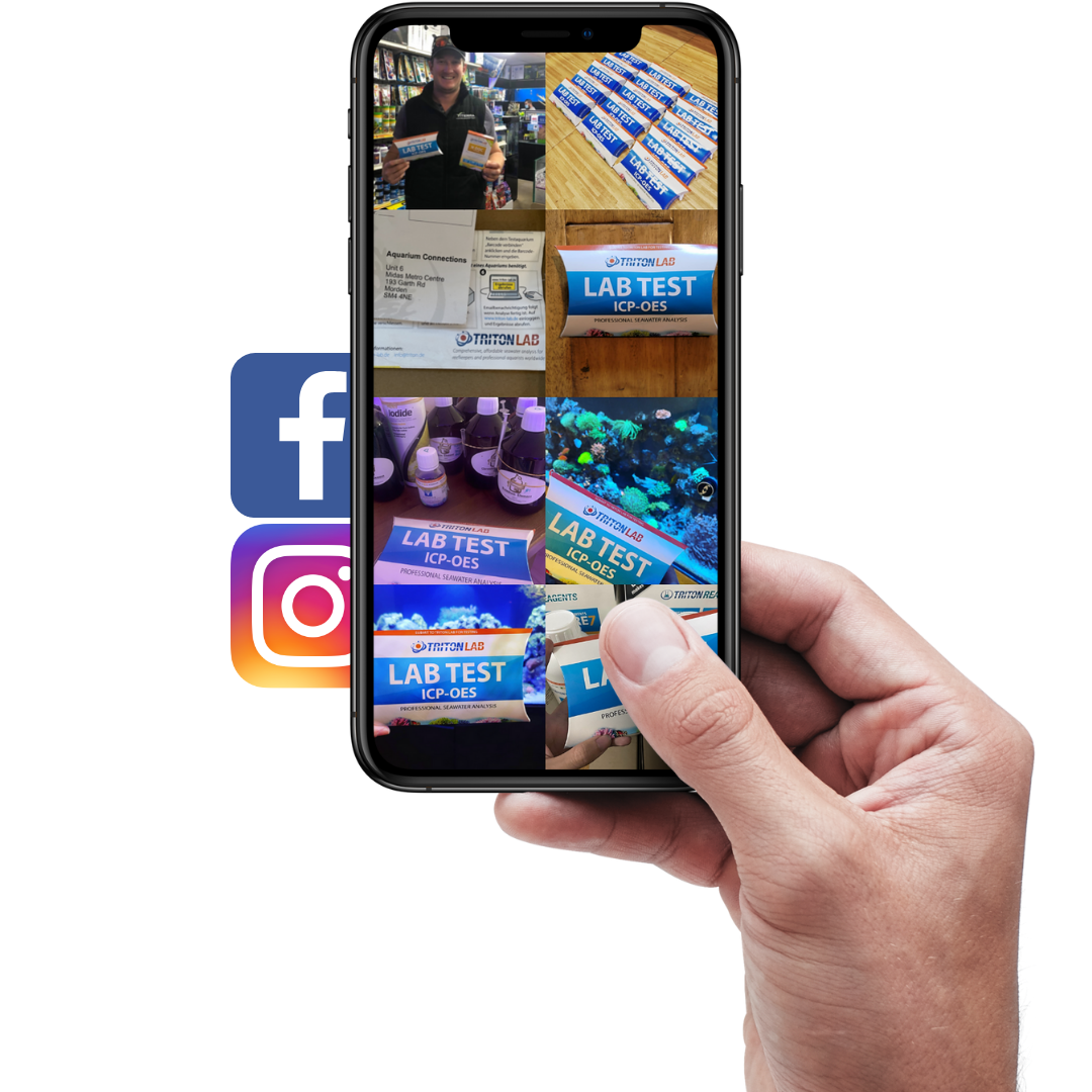 Ein Smartphone mit Social-Media-Bildern auf dem Bildschirm von Triton Abonnenten, einschließlich Facebook- und Instagram-Logo an der Seite.