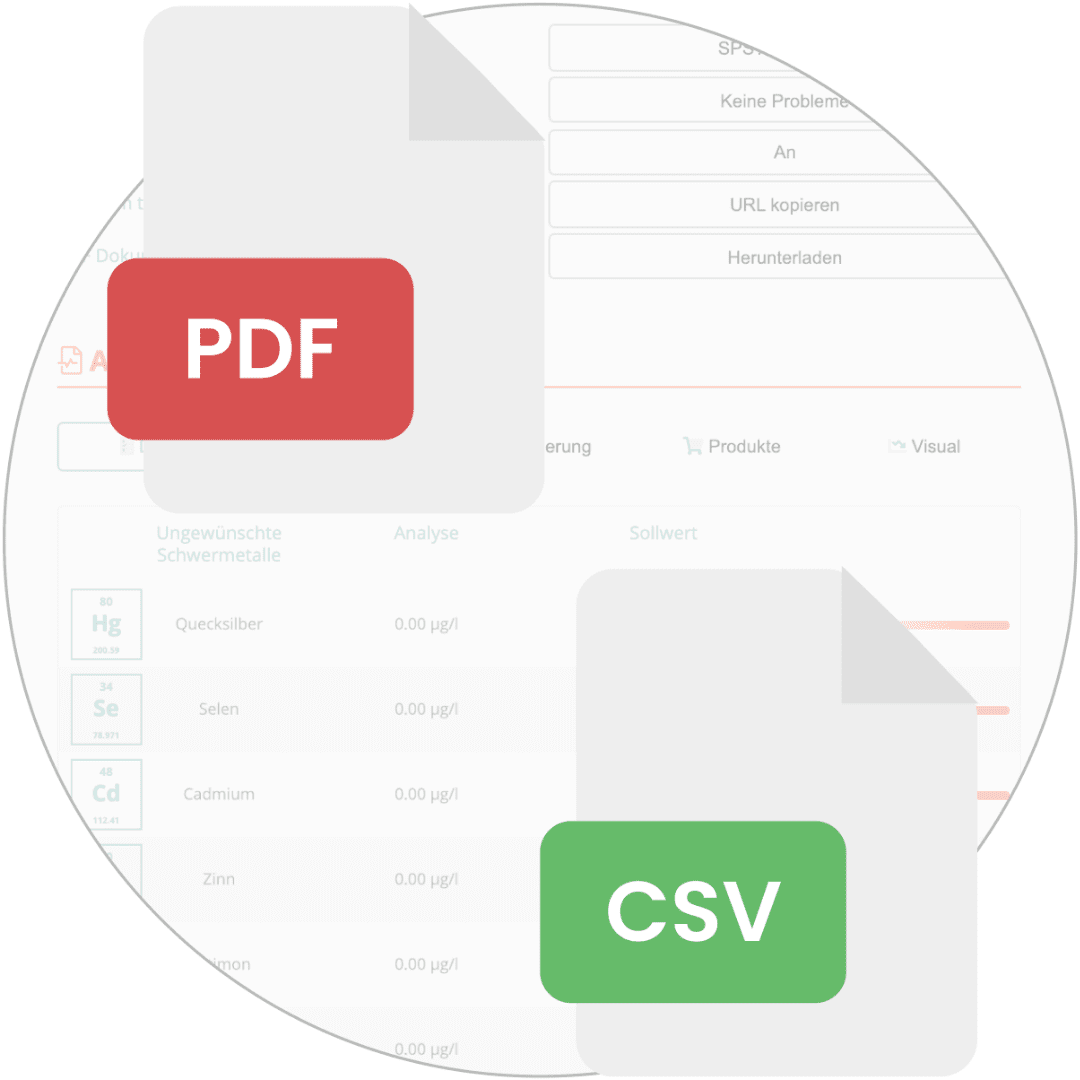 Triton Lab Auswertungsseite mit einem Beispiel, weo der Download einer PDF oder auch einer CSV dargestellt wird.